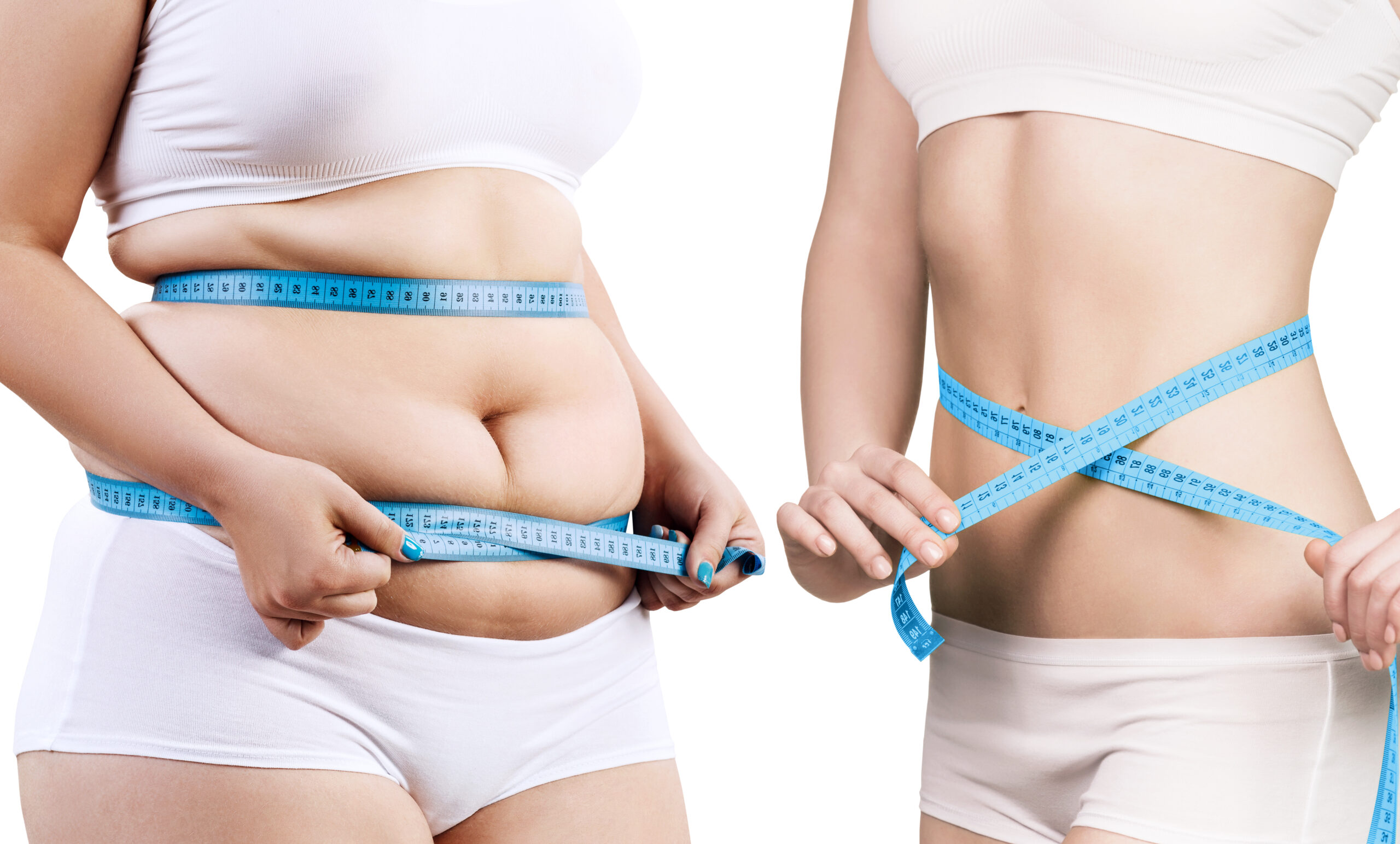 Two women holding measuring tape around their torso to show weight loss