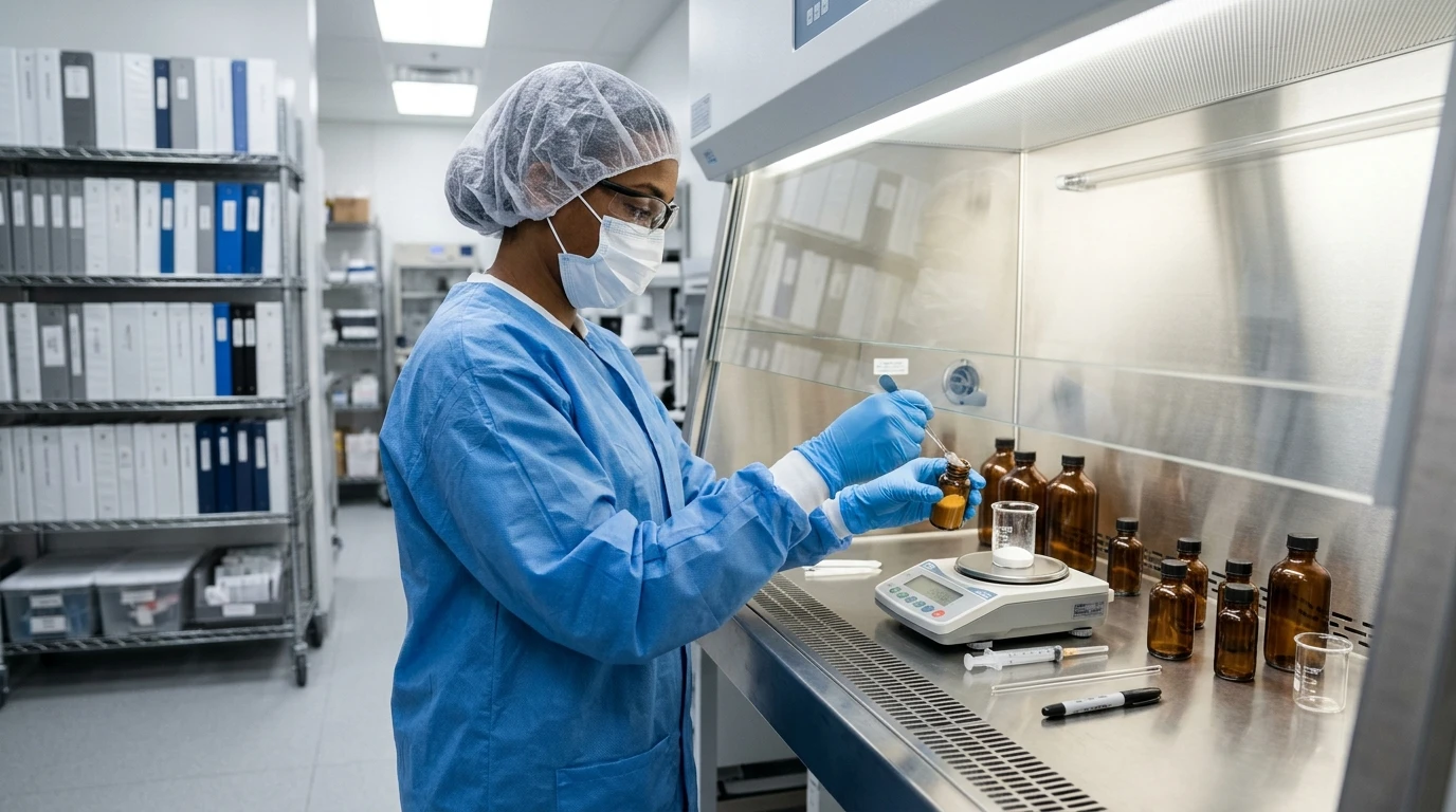 BPC-157 and the FDA: What the 2026 Advisory Committee Vote Means 3 BPC-157 and the 503A bulks list: a pharmacist works at a sterile compounding hood in a licensed pharmacy