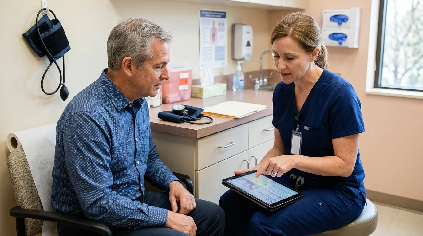 A nurse practitioner reviewing a patient's medical history and lab results on a tablet before discussing a weight-loss prescription.