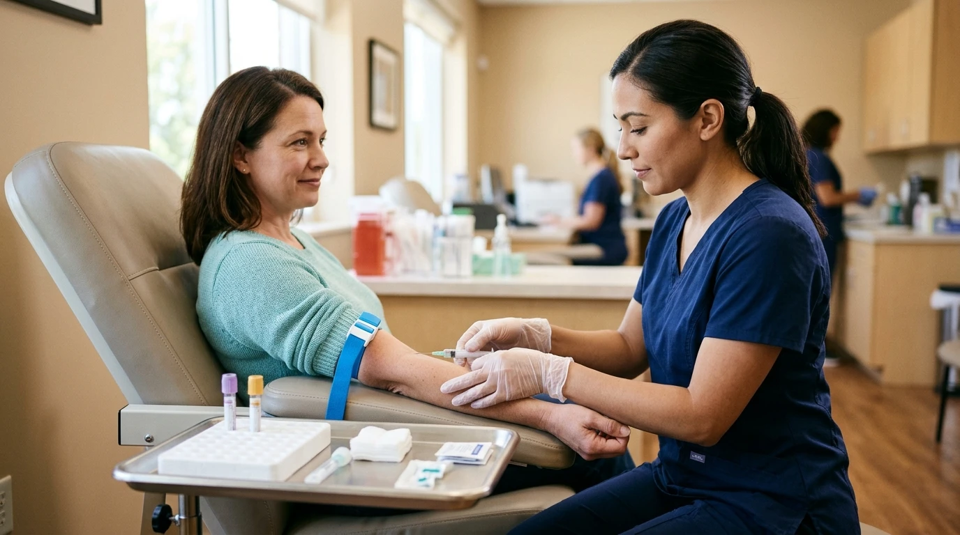 How to test estrogen levels: a phlebotomist draws a blood sample for an estradiol test in a clinic lab