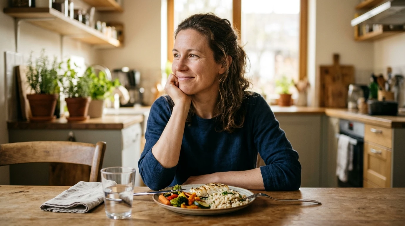 An adult sitting at a kitchen table, comfortably finished with a small, balanced plate of grilled fish, vegetables and grains.