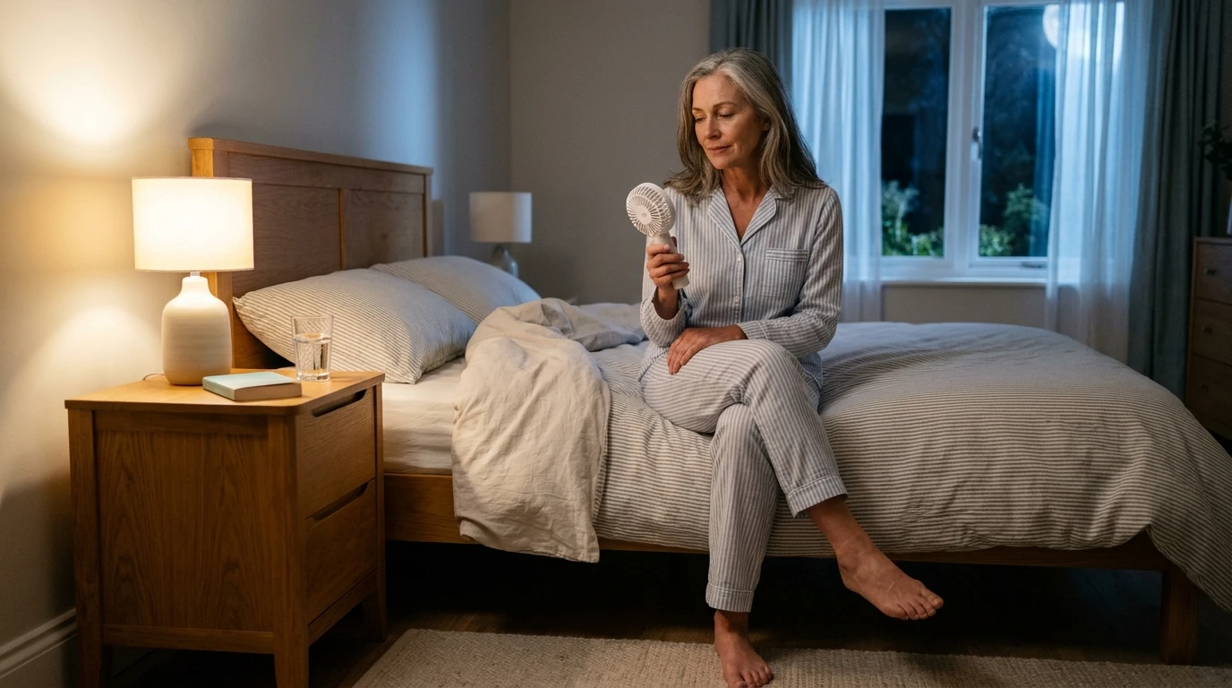 How long menopause symptoms last: a woman cools herself with a handheld fan during a night-time hot flash