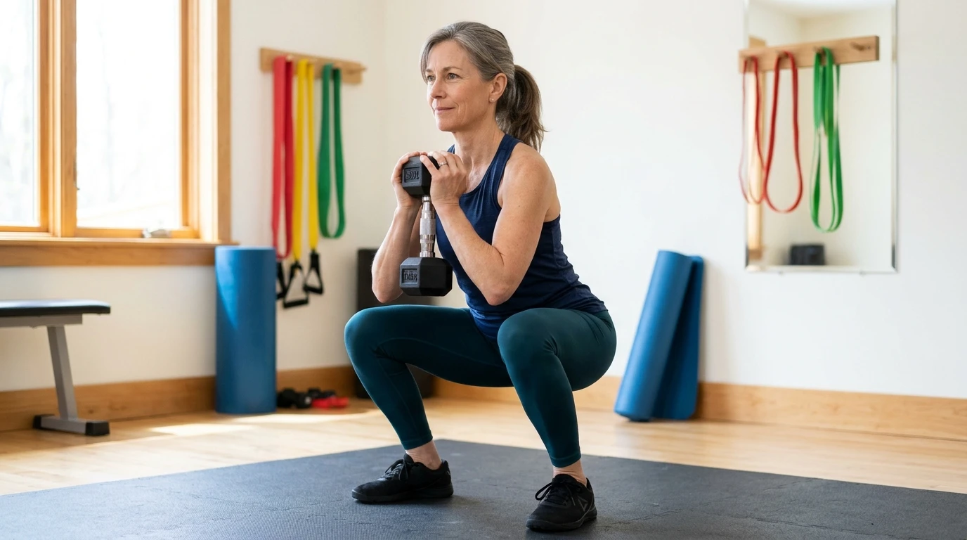 Menopause Belly: Why It Happens and What Helps 3 How to get rid of menopause belly: a woman in her fifties does a goblet squat in a strength training session