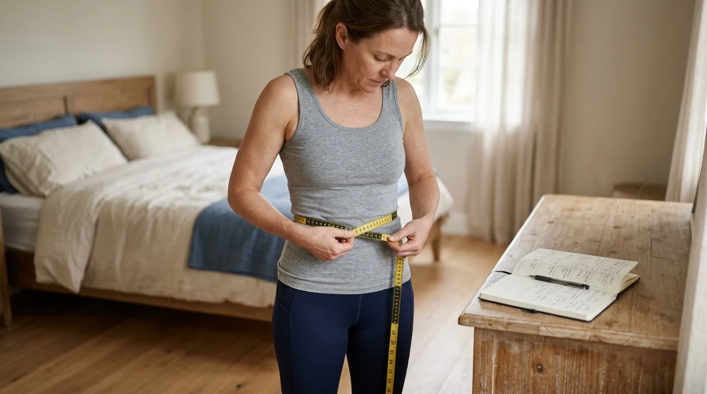 Menopause Belly: Why It Happens and What Helps 4 Menopause belly checklist: a woman measures her waist with a soft tape and logs it in a notebook