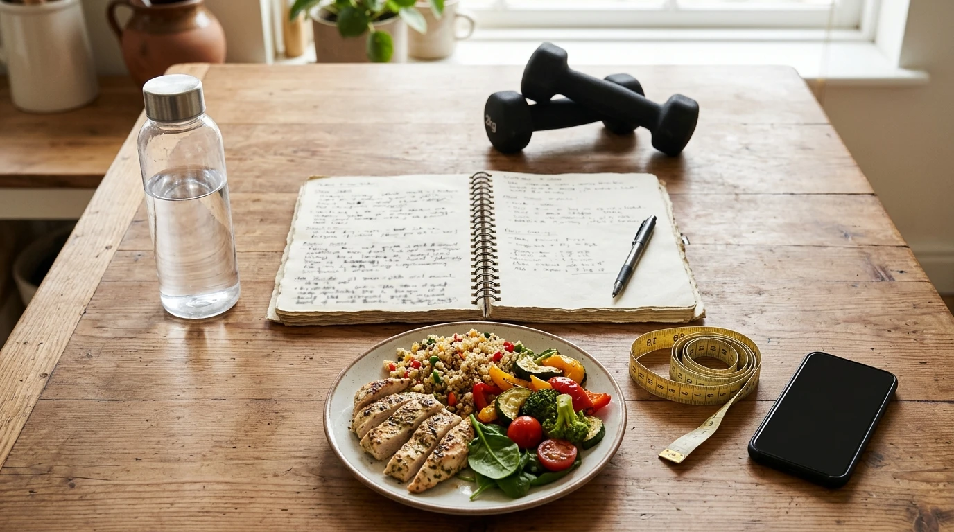A kitchen table with a handwritten food journal, a protein-rich lunch, a water bottle and a pair of light dumbbells for a two-week self-audit.