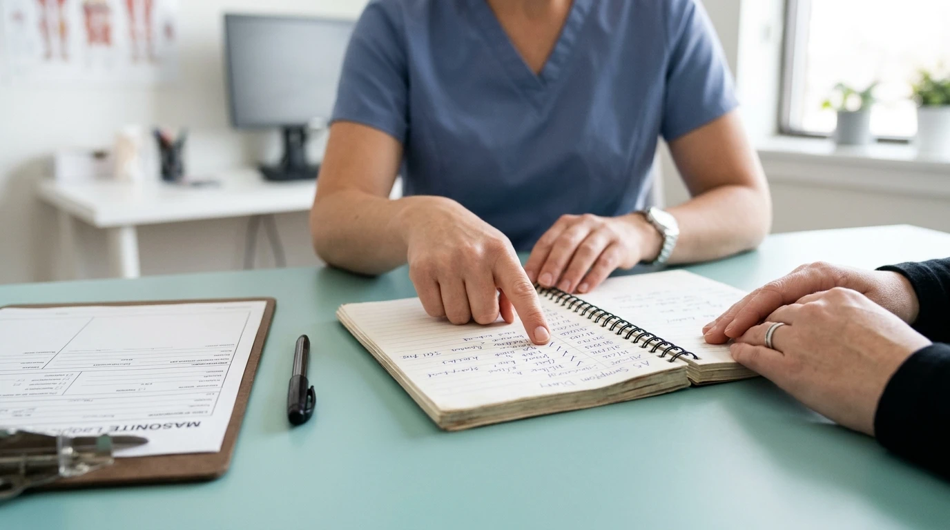 Perimenopause Symptoms: Early Signs and When to Talk to a Doctor 4 How doctors confirm perimenopause: a clinician reviews a symptom diary and a lab requisition with a patient