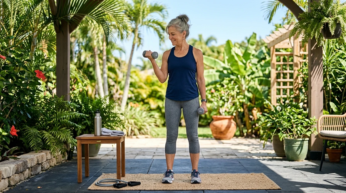 Long-term health after menopause: a woman in her sixties stays active with a light dumbbell exercise outdoors