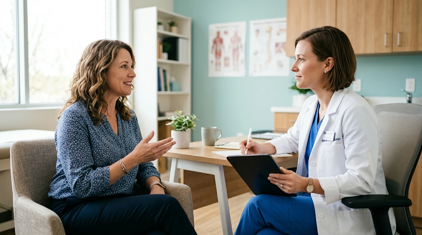 Perimenopause Symptoms: Early Signs and When to Talk to a Doctor 3 When to talk to a doctor about perimenopause symptoms: a woman discusses cycle changes with a nurse practitioner