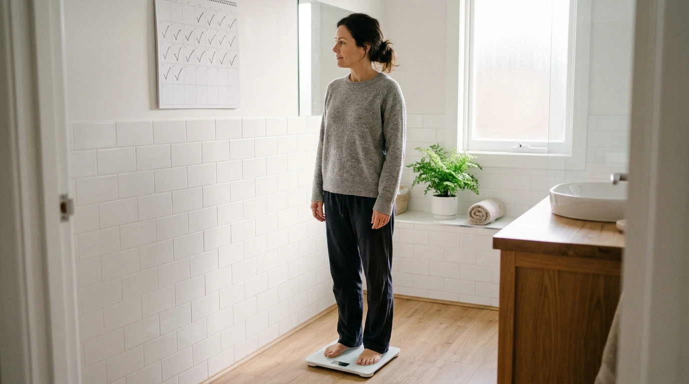 A woman stands on a bathroom scale and looks at a monthly calendar with weekly check marks, thinking about a tirzepatide plateau.