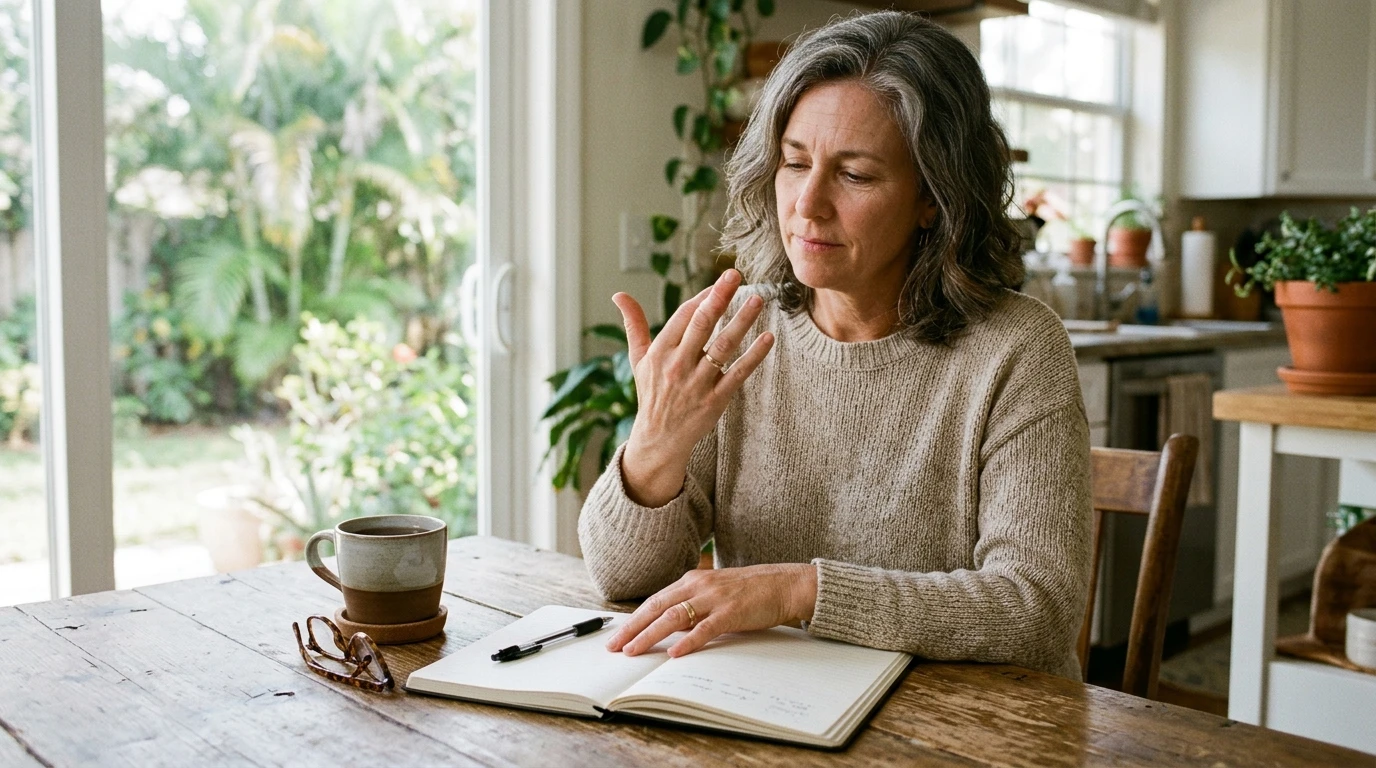 Weird symptoms of low estrogen: a woman rubs her stiff hand while noting her symptoms at the kitchen table